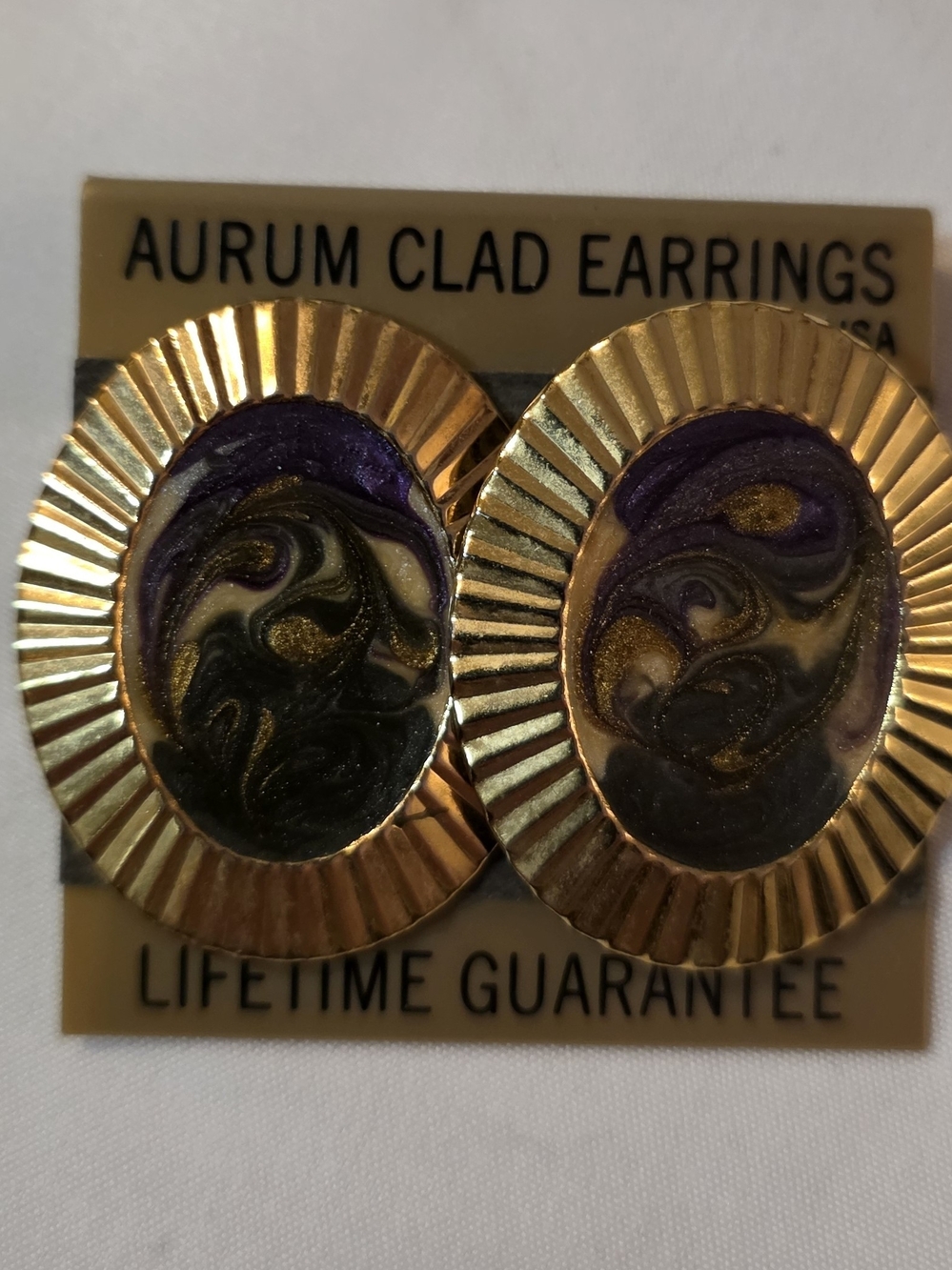 AUREUM Gold-Tone Oval Swirl Enamel Earrings - Purple, Green & Cream